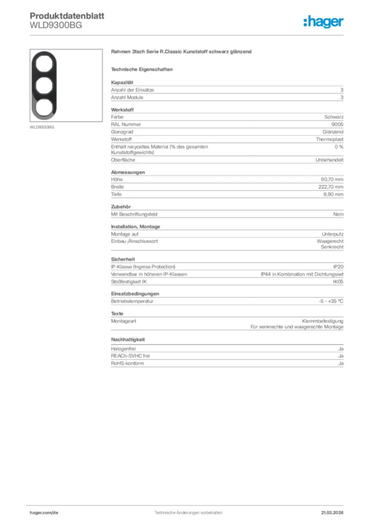 Bild Hager Produktdatenblatt WLD9300BG | Hager Deutschland