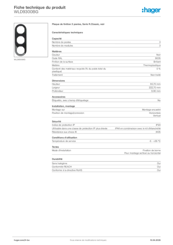 Image Hager Fiche technique du produit WLD9300BG | Hager Belgique