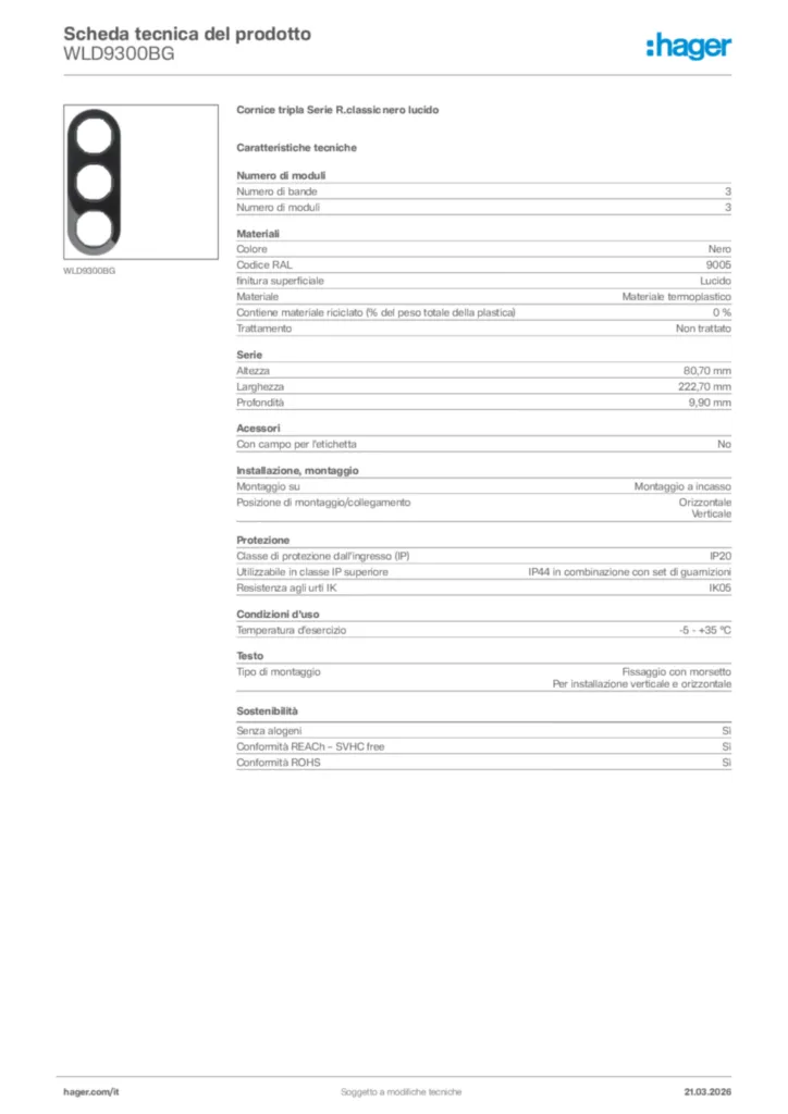 Immagine Hager Scheda tecnica del prodotto WLD9300BG | Hager Italia