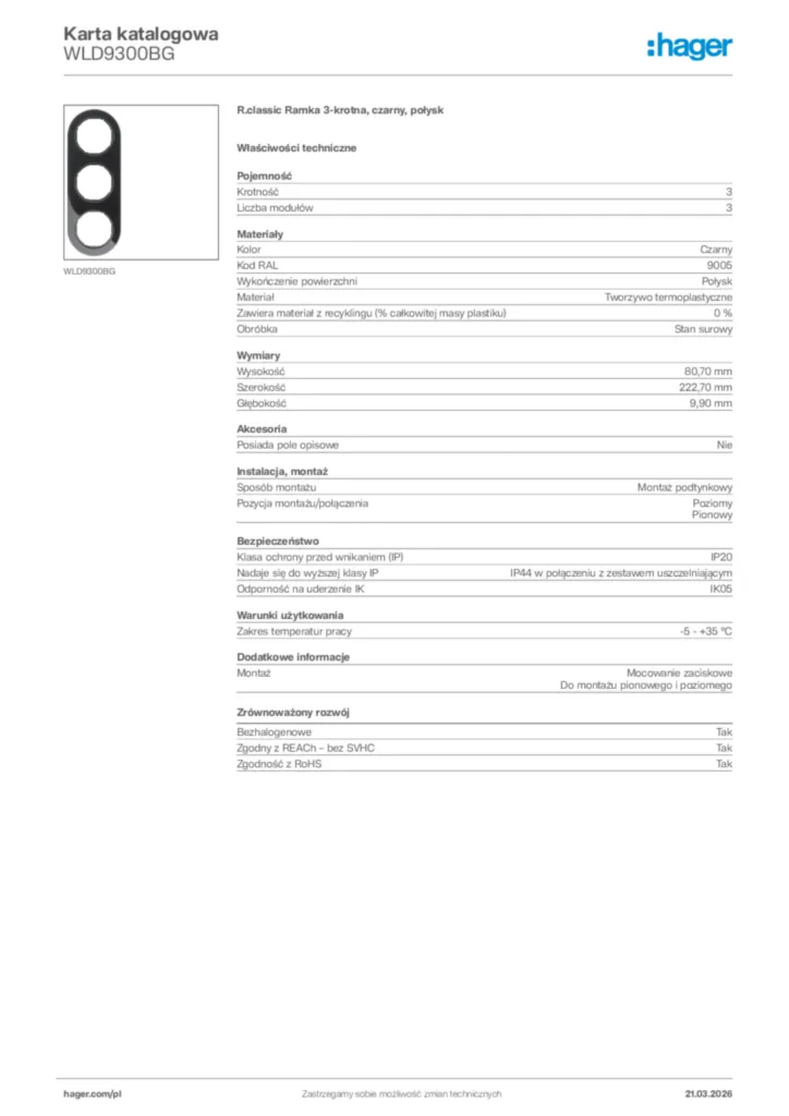 Zdjęcie Hager Karta katalogowa WLD9300BG | Hager Polska