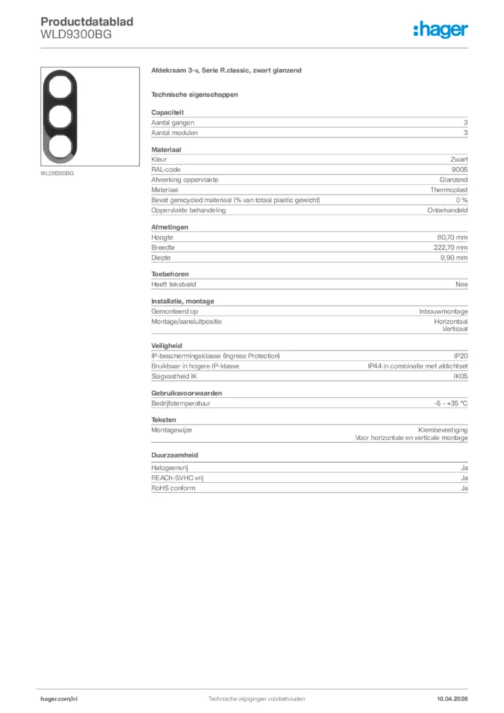 Afbeelding Hager Productdatablad WLD9300BG | Hager Nederland