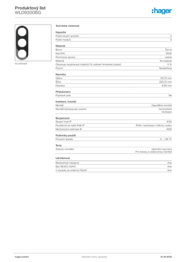 Obrázek Hager Product data sheet WLD9300BG | Hager
