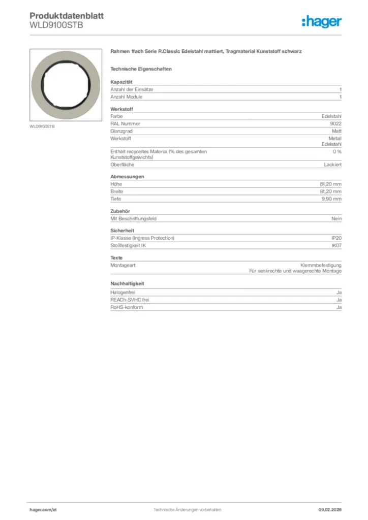 Bild Hager Produktdatenblatt WLD9100STB | Hager Deutschland