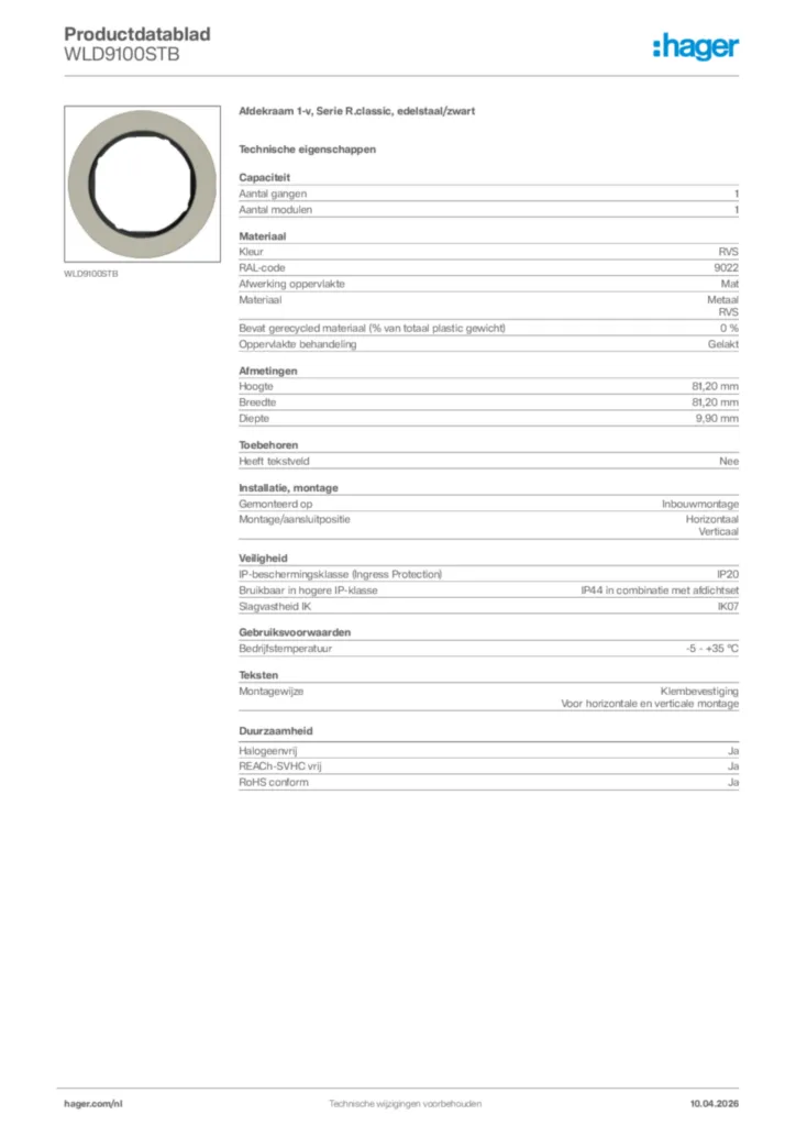 Afbeelding Hager Productdatablad WLD9100STB | Hager Nederland