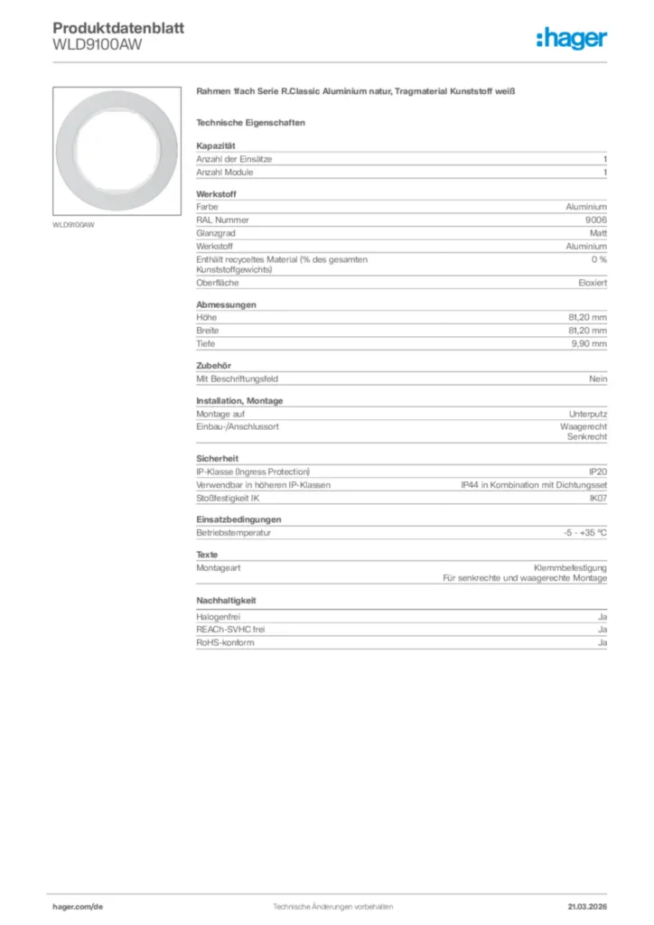 Bild Hager Produktdatenblatt WLD9100AW | Hager Deutschland