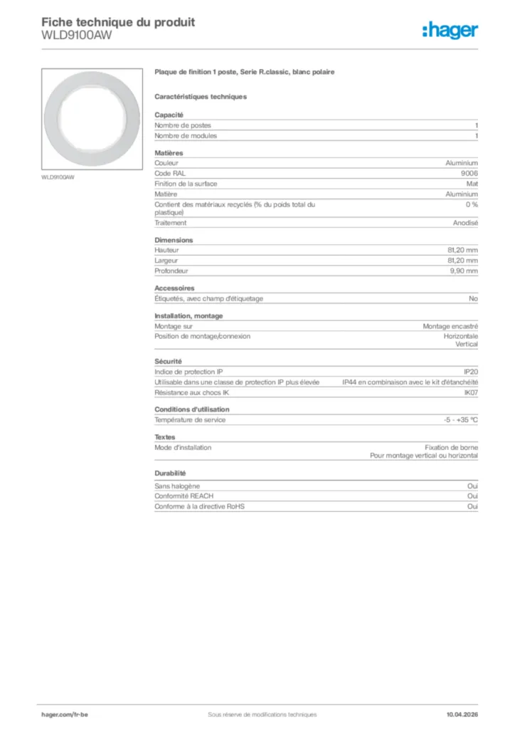 Image Hager Fiche technique du produit WLD9100AW | Hager Belgique
