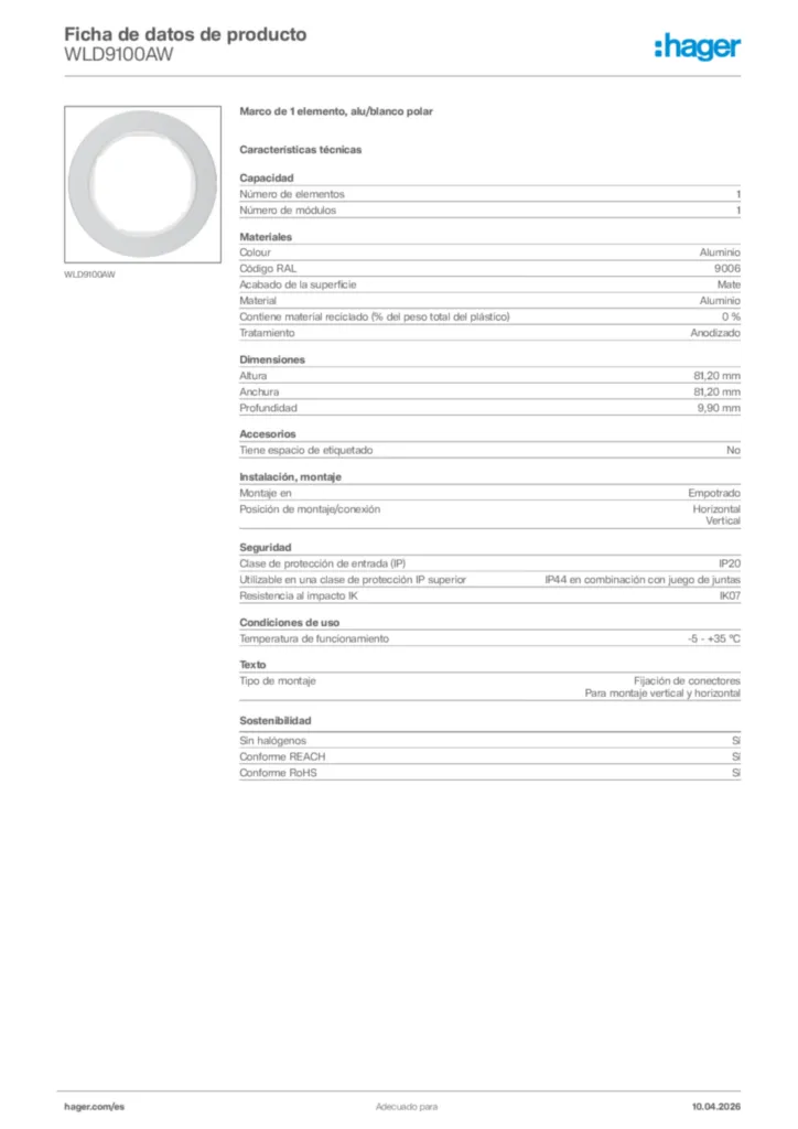 Imagen Hager Ficha de datos de producto WLD9100AW | Hager España