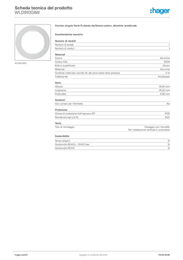Immagine Hager Scheda tecnica del prodotto WLD9100AW | Hager Italia