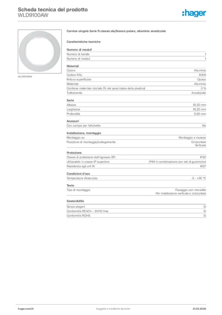 Immagine Hager Scheda tecnica del prodotto WLD9100AW | Hager Italia