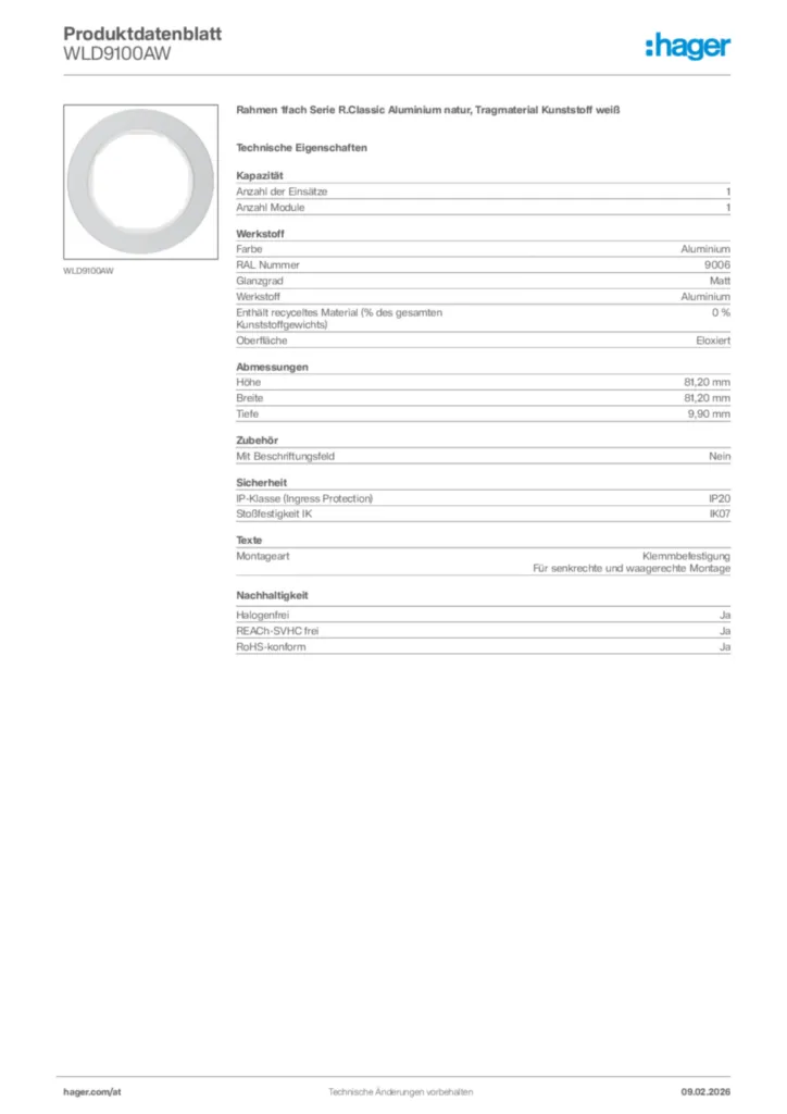 Bild Hager Produktdatenblatt WLD9100AW | Hager Deutschland