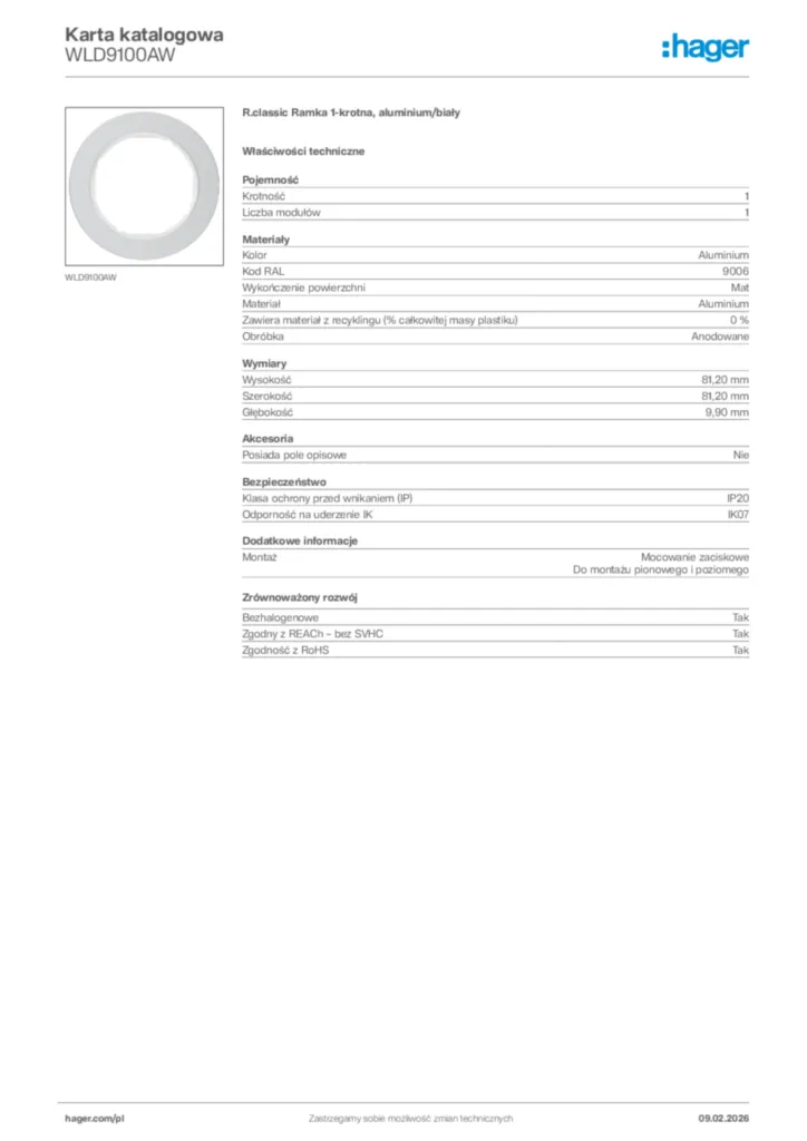 Zdjęcie Hager Karta katalogowa WLD9100AW | Hager Polska