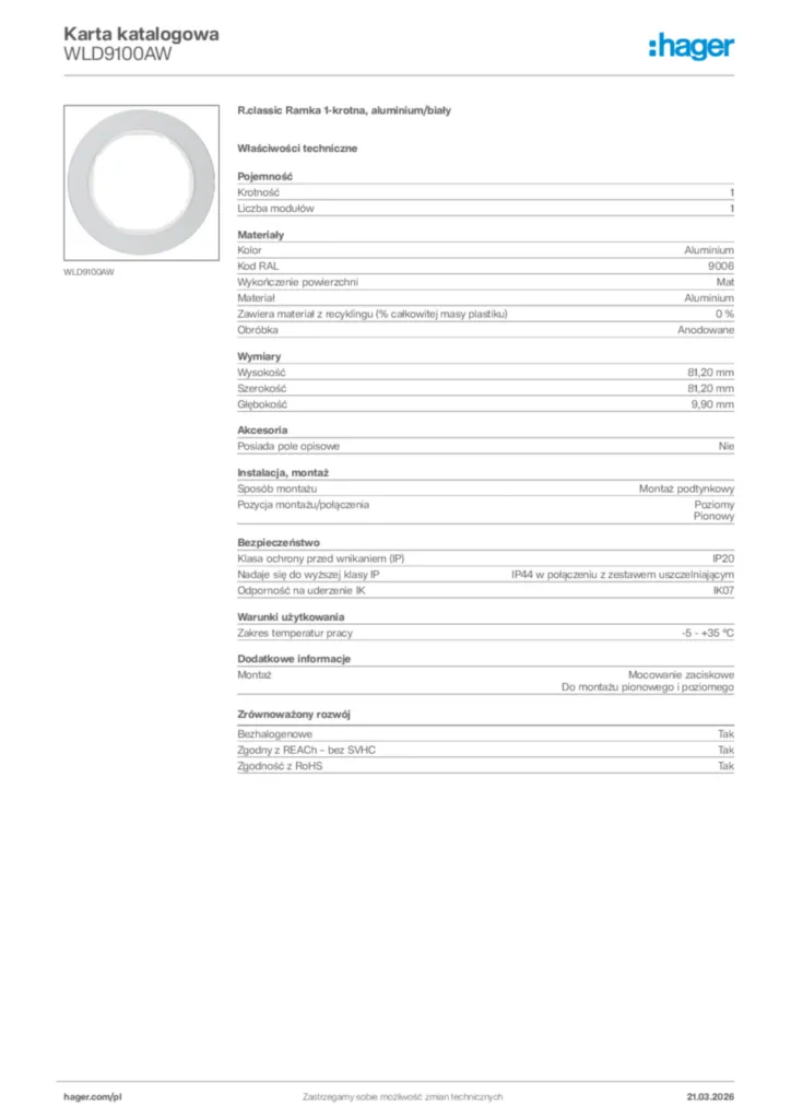Zdjęcie Hager Karta katalogowa WLD9100AW | Hager Polska