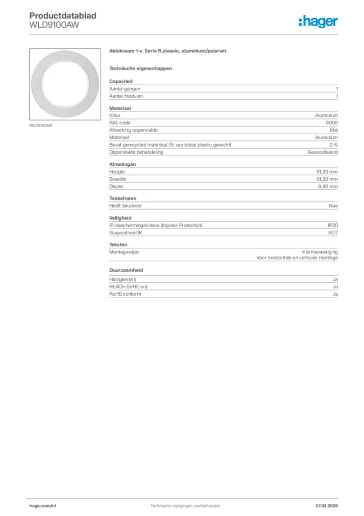 Afbeelding Hager Productdatablad WLD9100AW | Hager Nederland