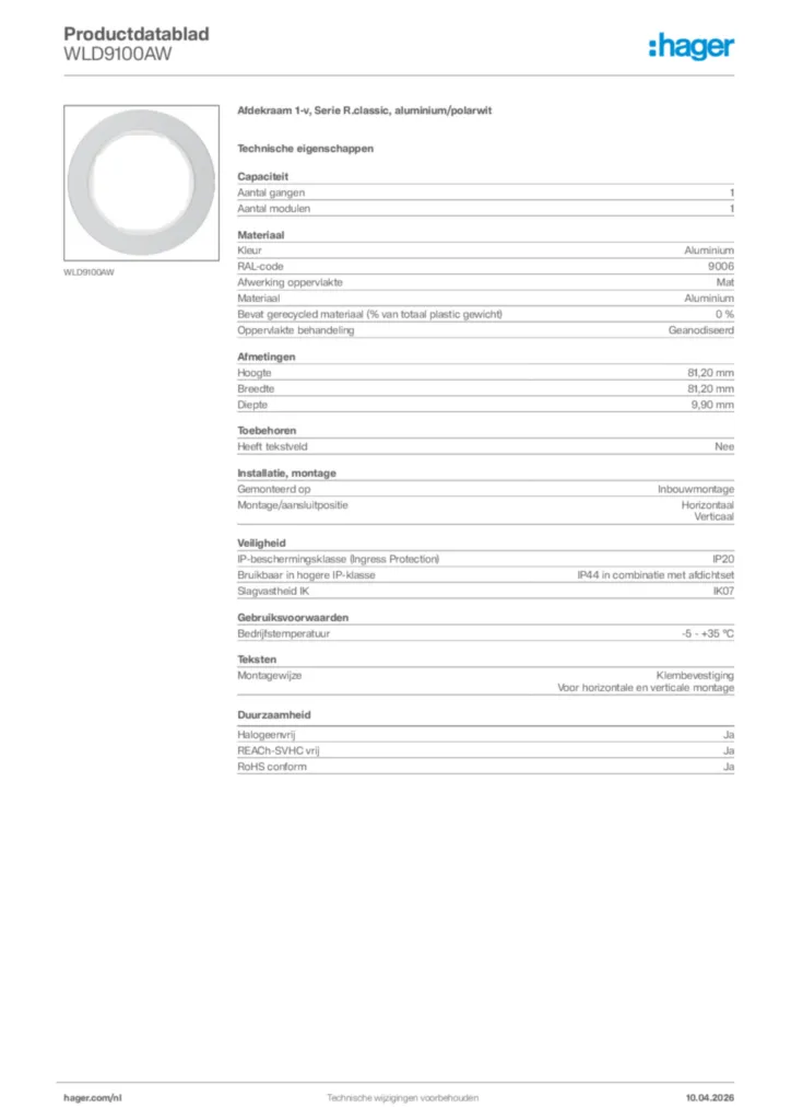 Afbeelding Hager Productdatablad WLD9100AW | Hager Nederland