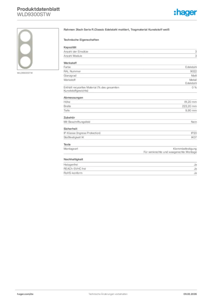Bild Hager Produktdatenblatt WLD9300STW | Hager Deutschland
