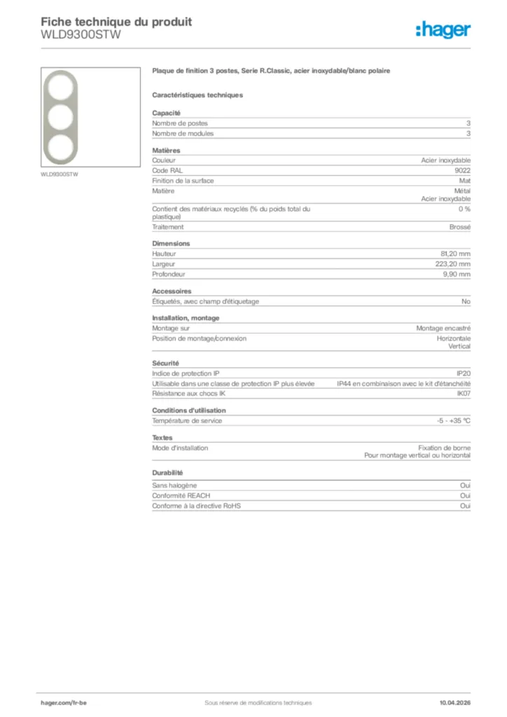Image Hager Fiche technique du produit WLD9300STW | Hager Belgique