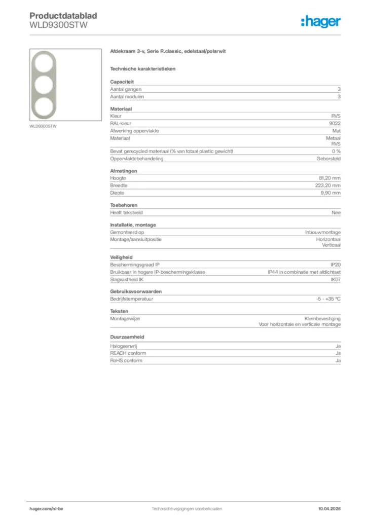 Afbeelding Hager Productdatablad WLD9300STW | Hager Belgium