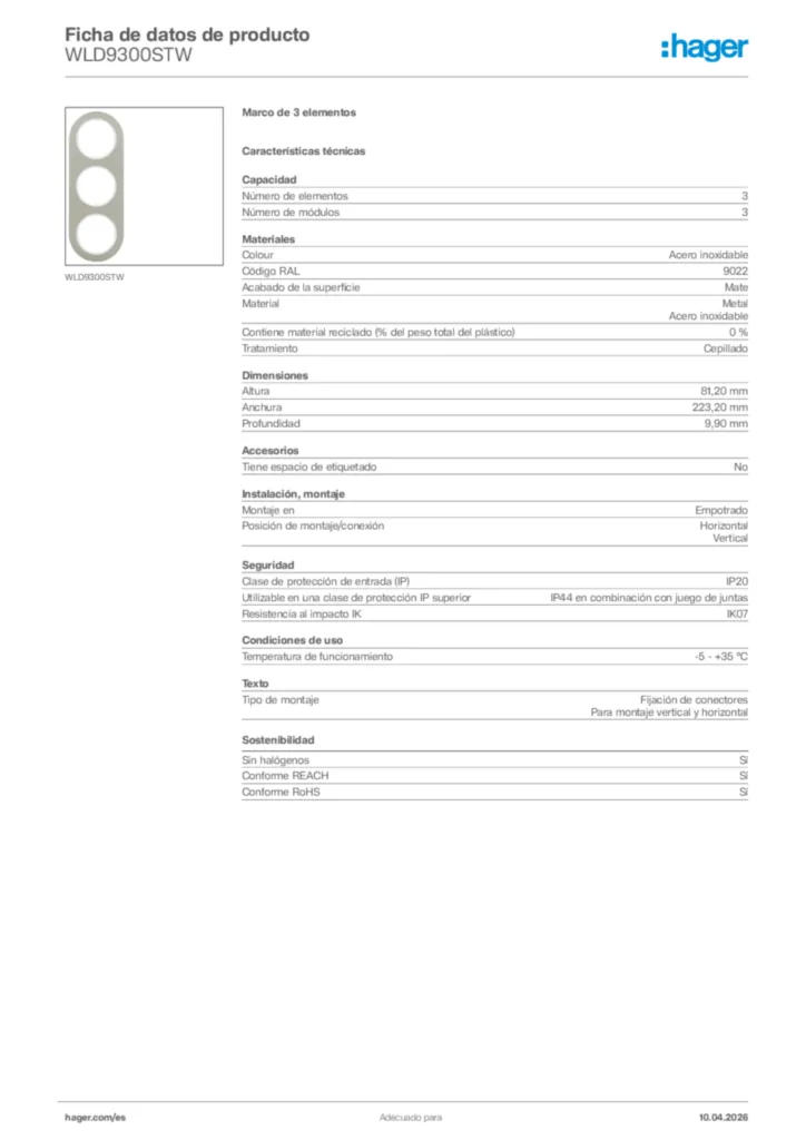 Imagen Hager Ficha de datos de producto WLD9300STW | Hager España