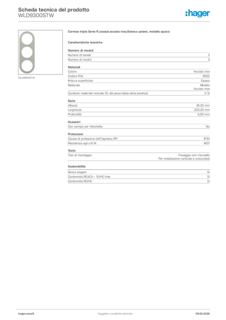 Immagine Hager Scheda tecnica del prodotto WLD9300STW | Hager Italia