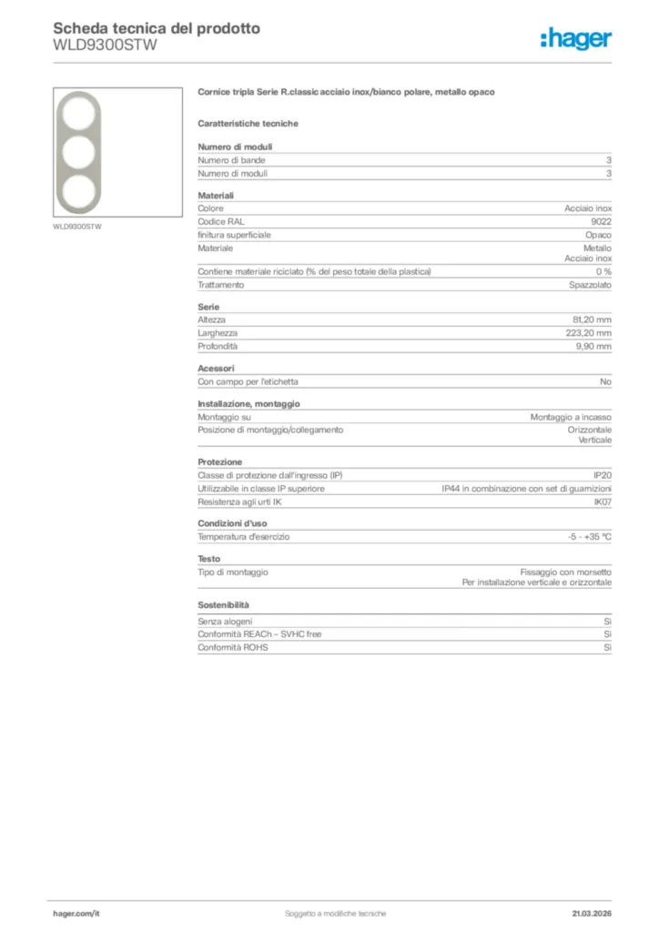 Immagine Hager Scheda tecnica del prodotto WLD9300STW | Hager Italia