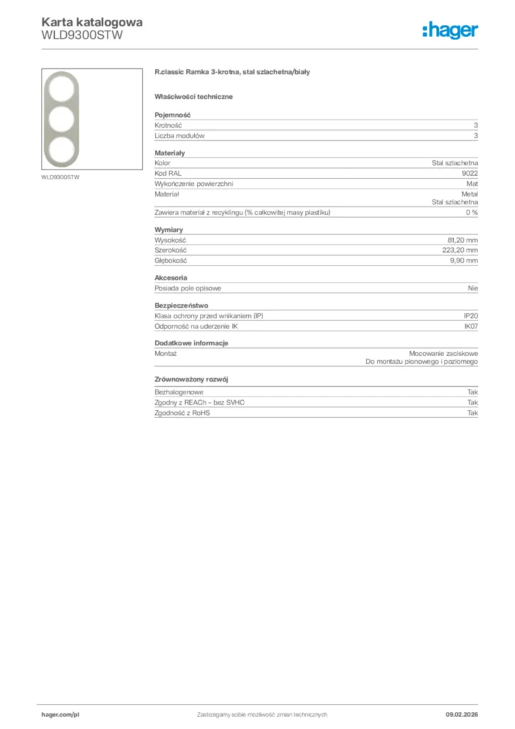Zdjęcie Hager Karta katalogowa WLD9300STW | Hager Polska