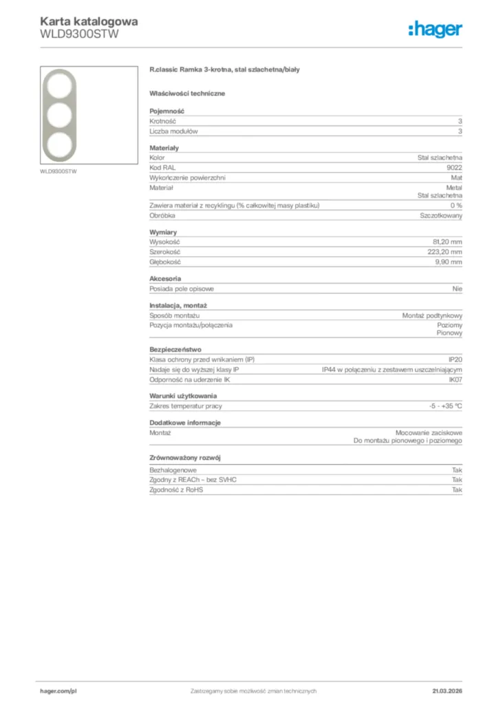 Zdjęcie Hager Karta katalogowa WLD9300STW | Hager Polska