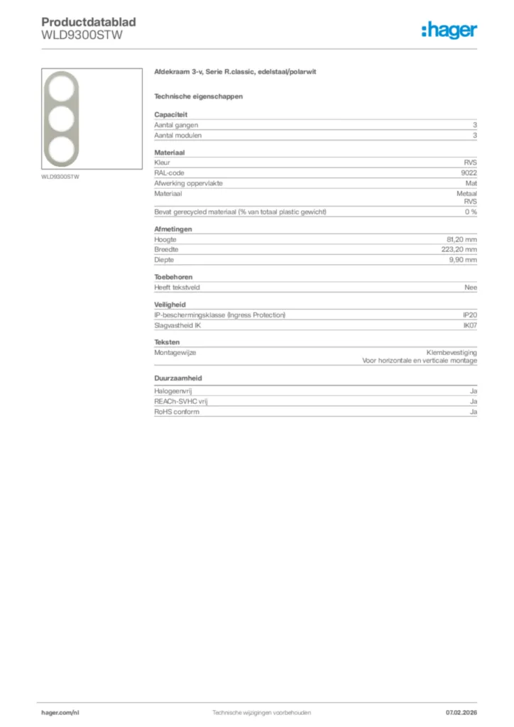 Afbeelding Hager Productdatablad WLD9300STW | Hager Nederland
