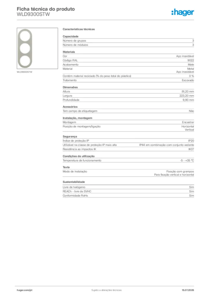 Imagem Hager Ficha técnica do produto WLD9300STW | Hager Portugal