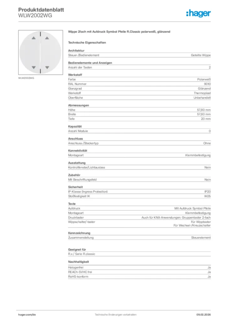 Bild Hager Produktdatenblatt WLW2002WG | Hager Deutschland