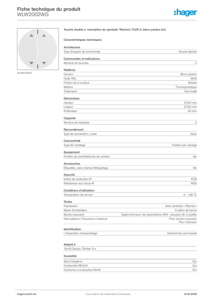 Image Hager Fiche technique du produit WLW2002WG | Hager Belgique