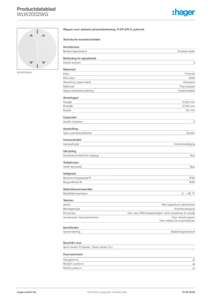 Afbeelding Hager Productdatablad WLW2002WG | Hager Belgium