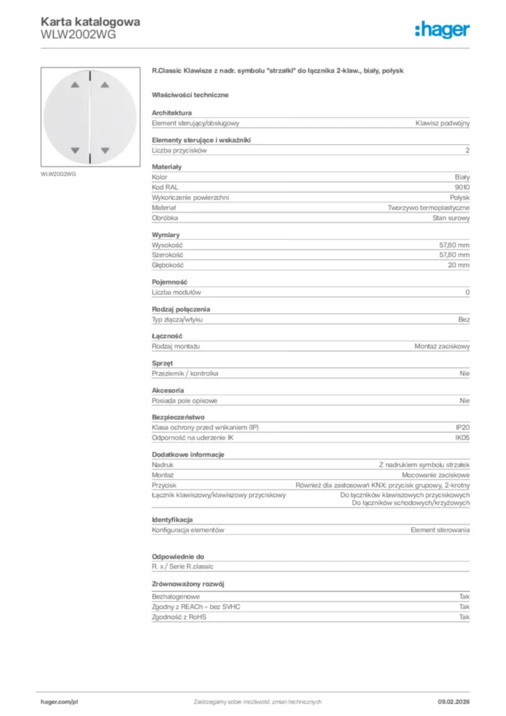 Zdjęcie Hager Karta katalogowa WLW2002WG | Hager Polska