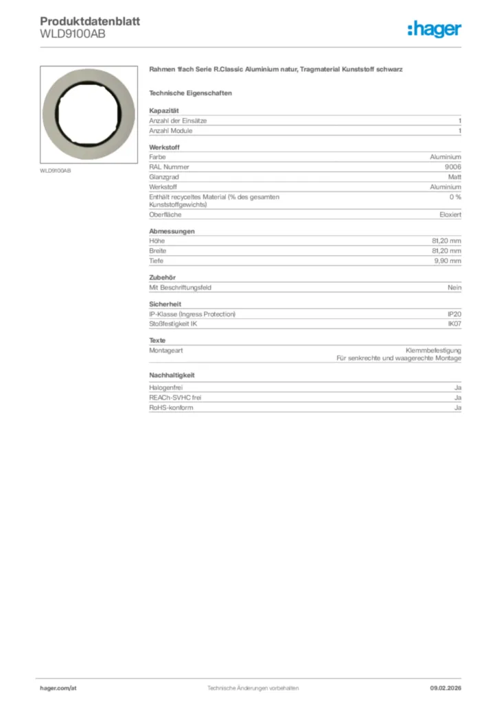 Bild Hager Produktdatenblatt WLD9100AB | Hager Deutschland