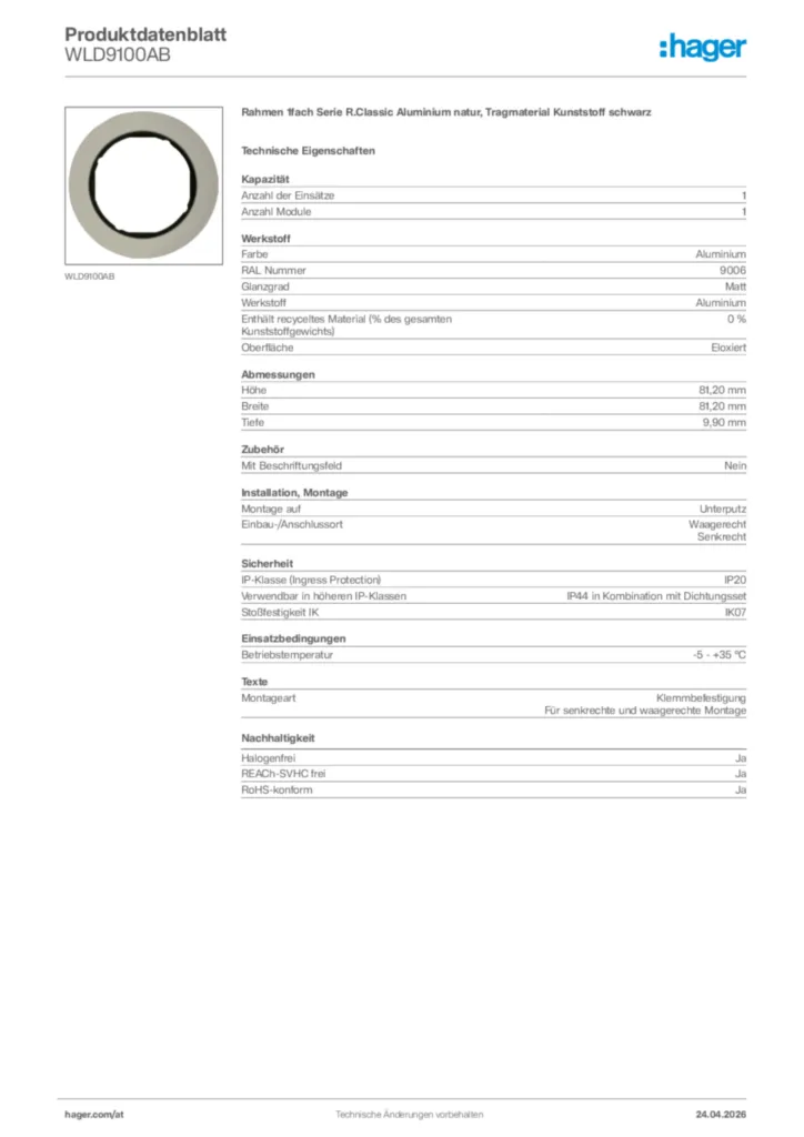 Bild Hager Produktdatenblatt WLD9100AB | Hager Deutschland