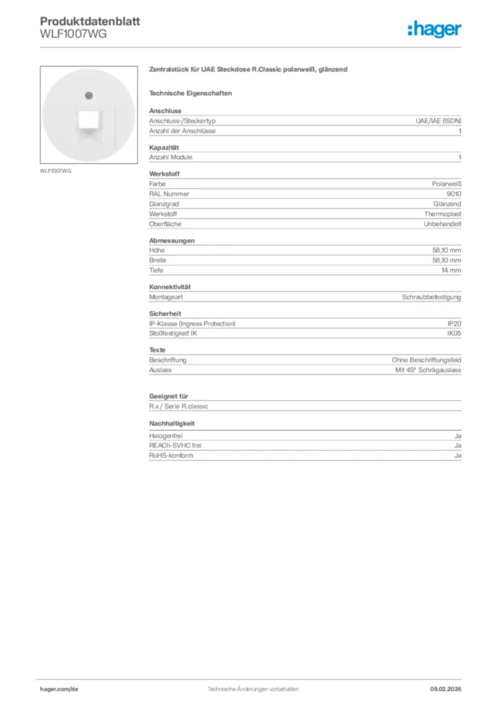 Bild Hager Produktdatenblatt WLF1007WG | Hager Deutschland