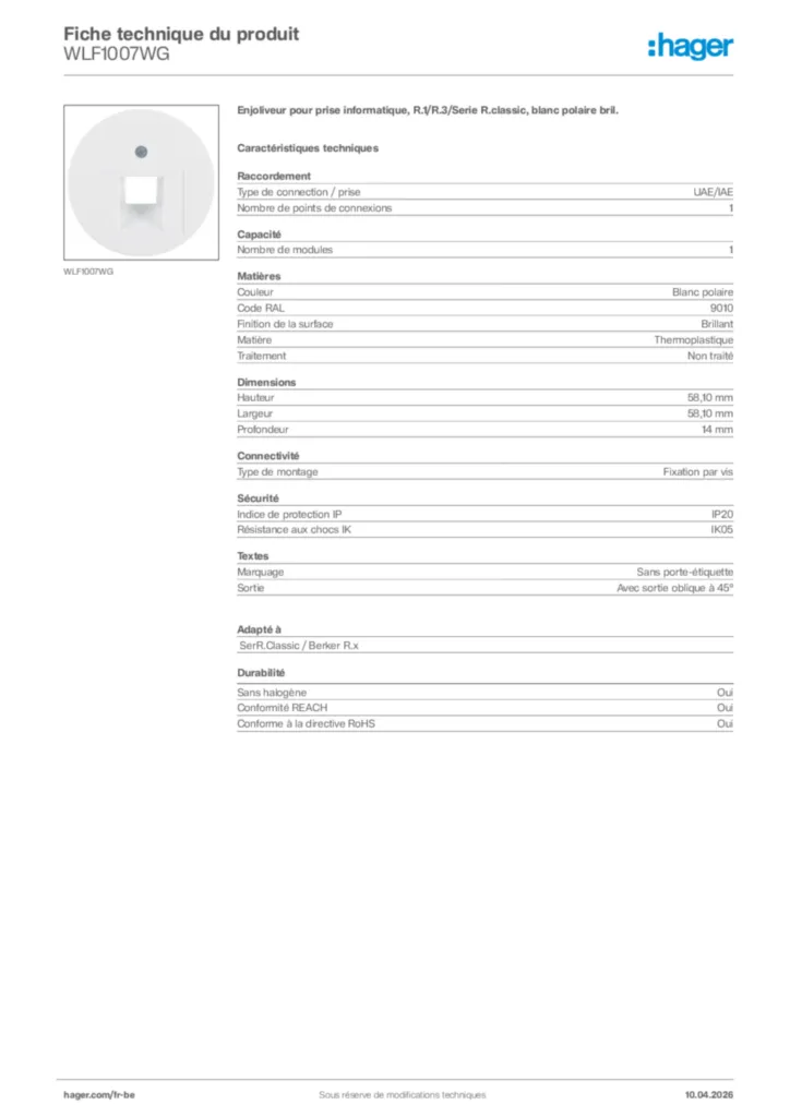 Image Hager Fiche technique du produit WLF1007WG | Hager Belgique