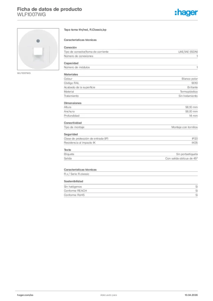 Imagen Hager Ficha de datos de producto WLF1007WG | Hager España