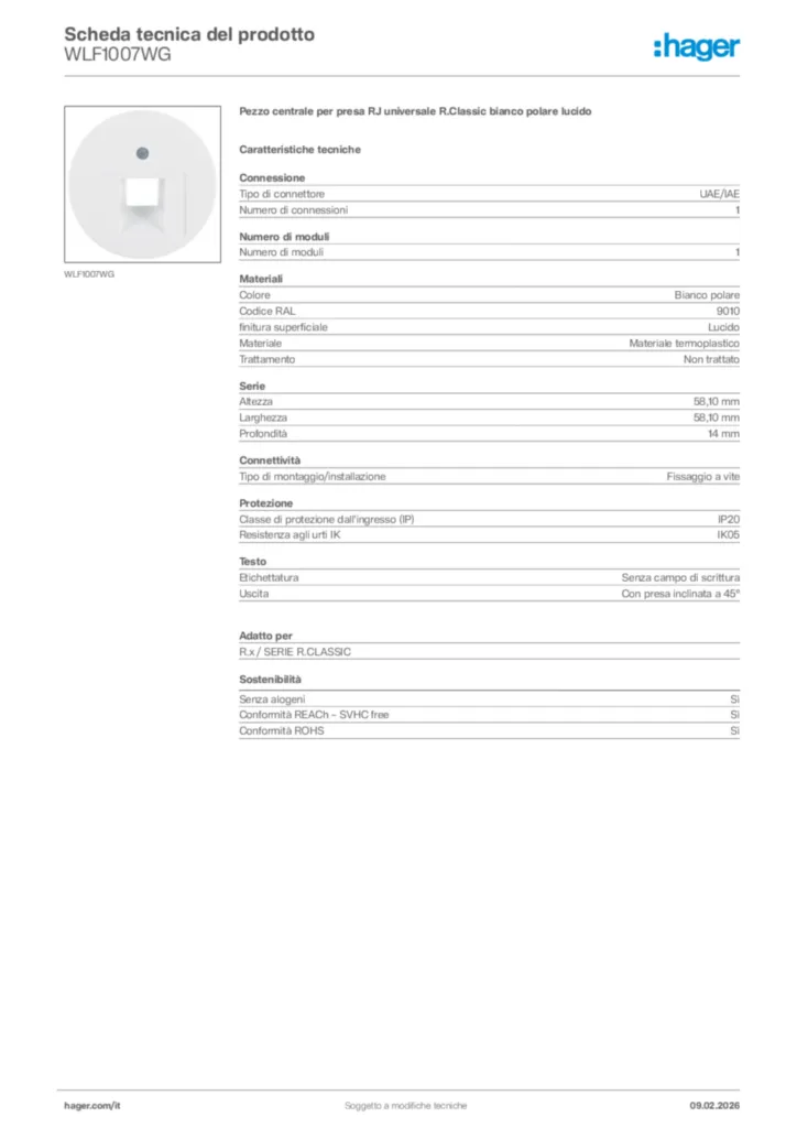 Immagine Hager Scheda tecnica del prodotto WLF1007WG | Hager Italia