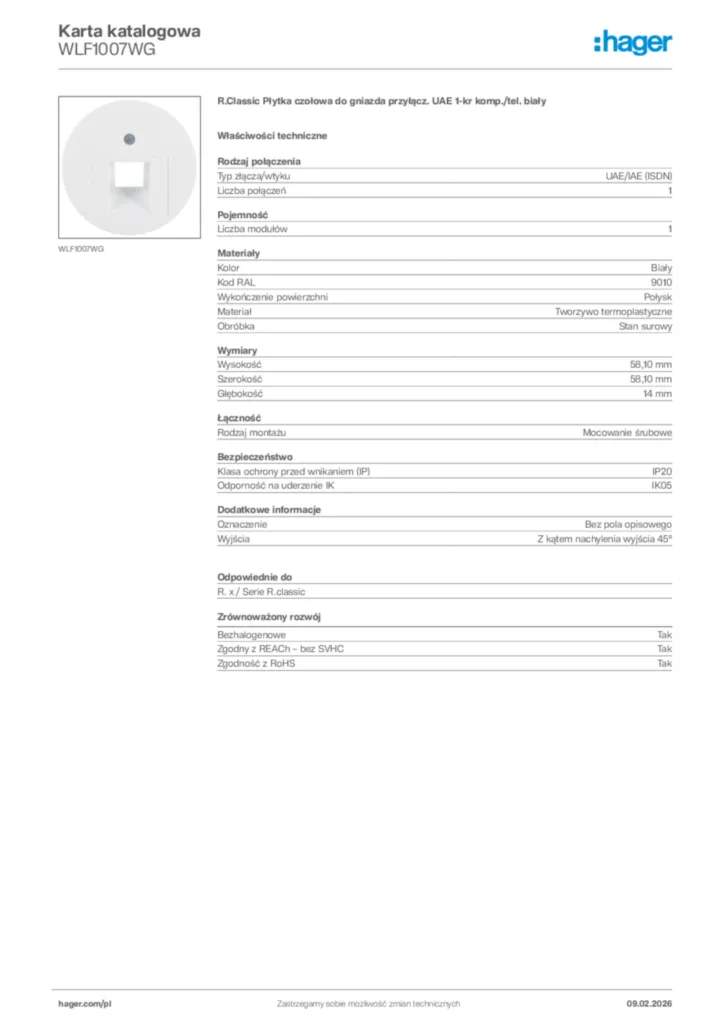 Zdjęcie Hager Karta katalogowa WLF1007WG | Hager Polska