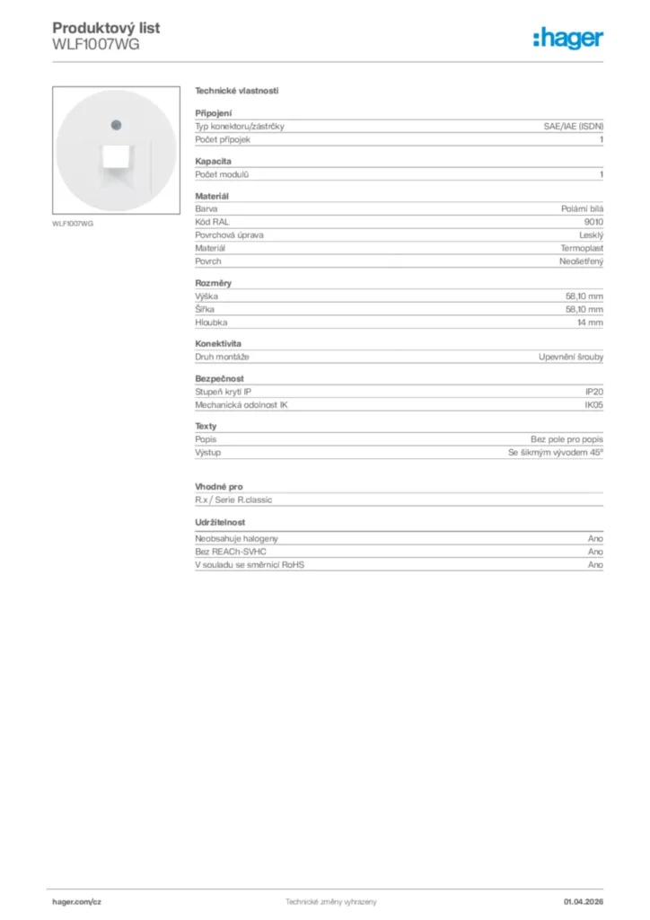 Obrázek Hager Product data sheet WLF1007WG | Hager