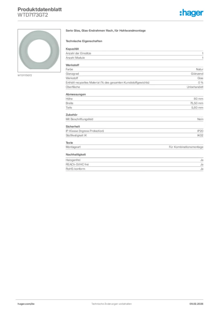 Bild Hager Produktdatenblatt WTD7173GT2 | Hager Deutschland