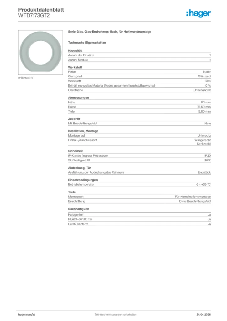 Bild Hager Produktdatenblatt WTD7173GT2 | Hager Deutschland