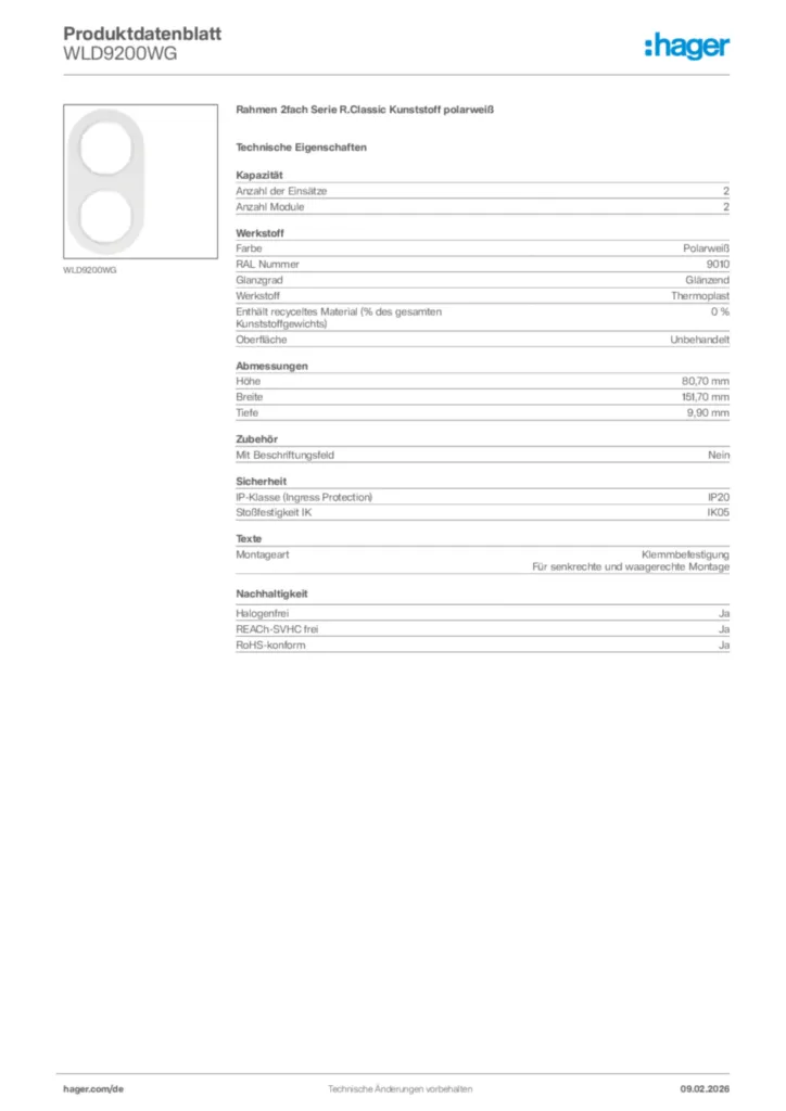 Bild Hager Produktdatenblatt WLD9200WG | Hager Deutschland
