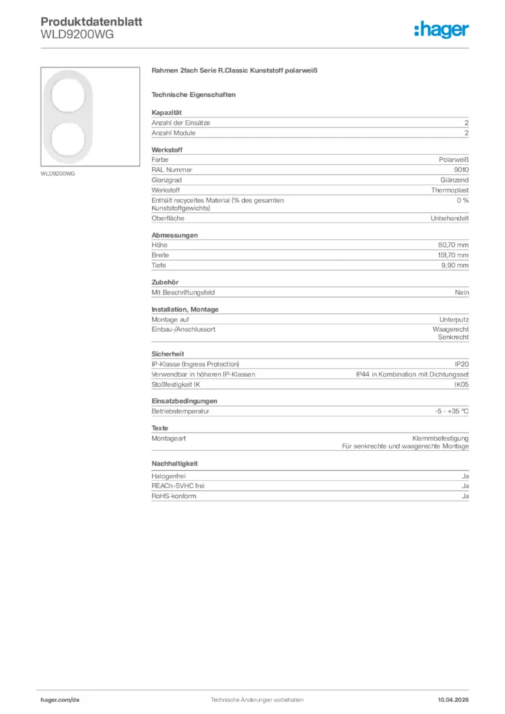 Bild Hager Produktdatenblatt WLD9200WG | Hager Deutschland