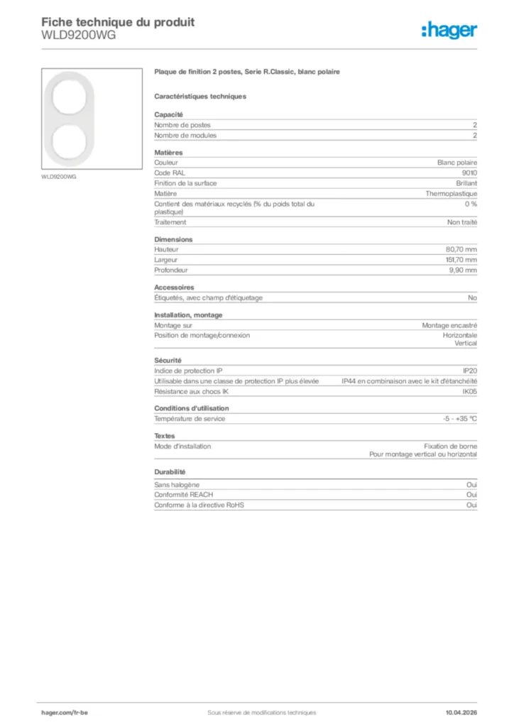 Image Hager Fiche technique du produit WLD9200WG | Hager Belgique