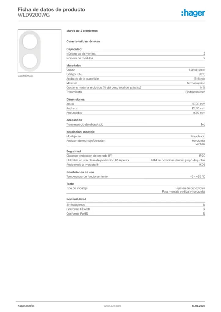 Imagen Hager Ficha de datos de producto WLD9200WG | Hager España