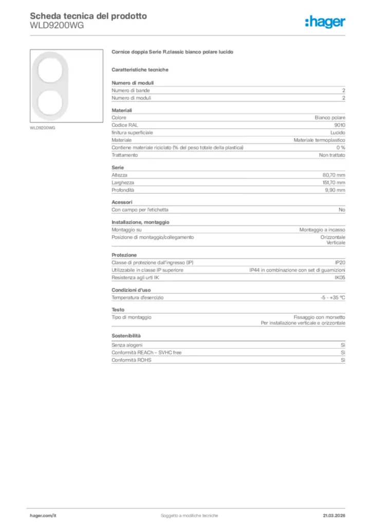 Immagine Hager Scheda tecnica del prodotto WLD9200WG | Hager Italia