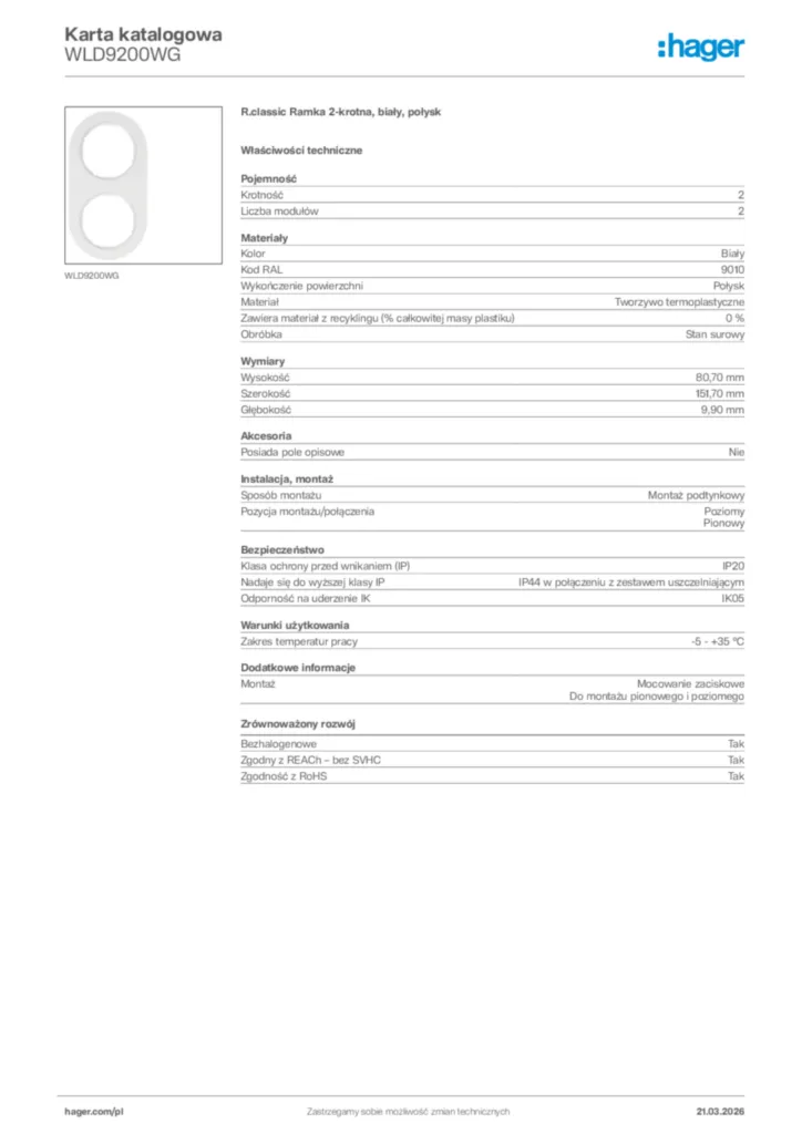 Zdjęcie Hager Karta katalogowa WLD9200WG | Hager Polska