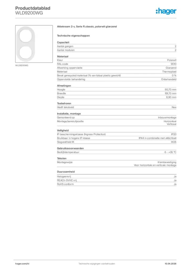 Afbeelding Hager Productdatablad WLD9200WG | Hager Nederland