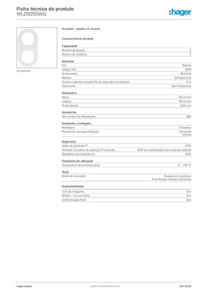Imagem Hager Ficha técnica do produto WLD9200WG | Hager Portugal